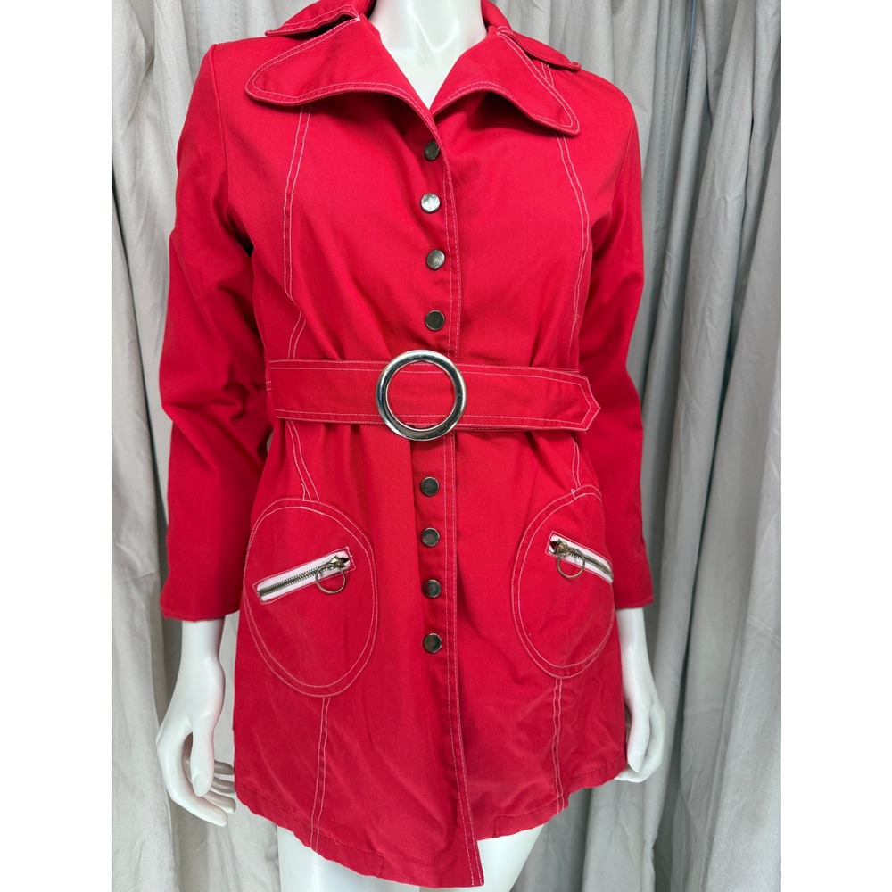 Vintage Debbie Leigh Red Belted Mod Coat Ring Zip Pockets Contrast Stitch 9/10